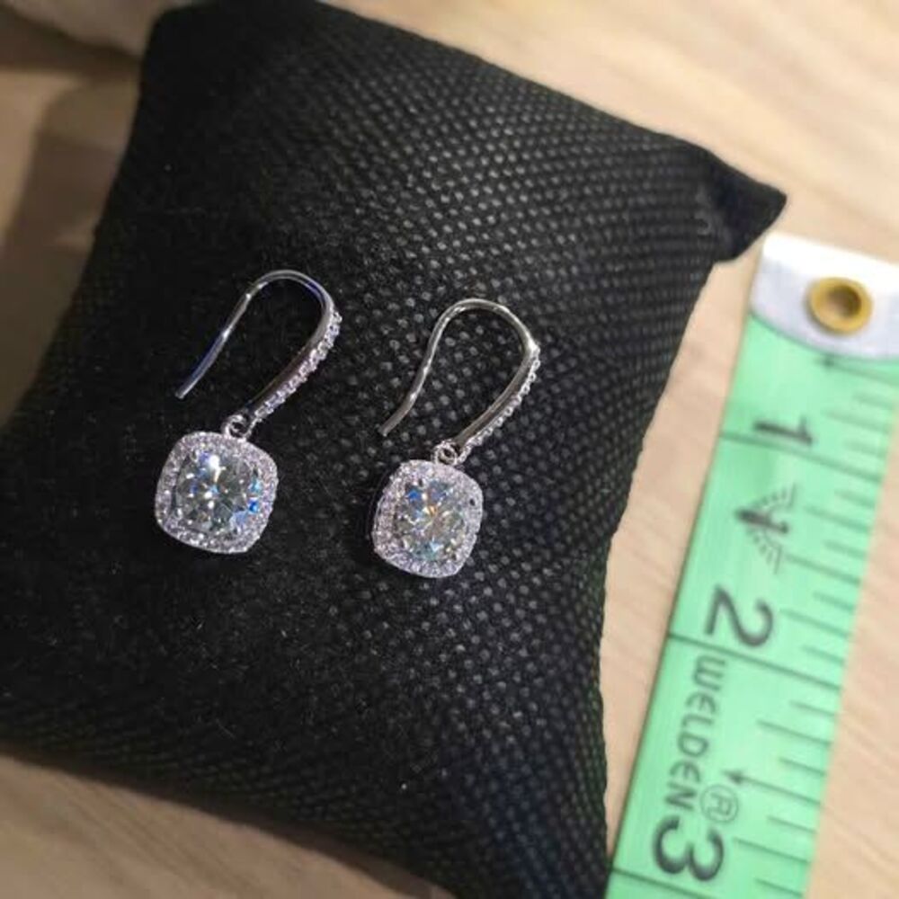 Cushion Cut Moissanite Halo Drop Earrings